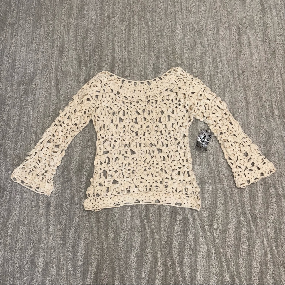 NWT my Boho Cream Crochet 3/4 Length Sleeve Boat Neck Top Women’s Size L